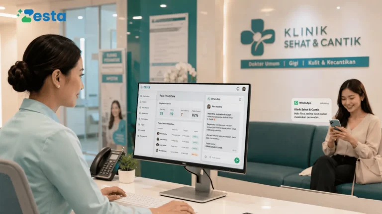 Admin klinik mengirim follow up pasien lewat WhatsApp setelah tindakan medis