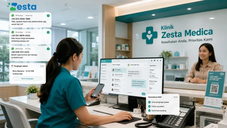 Admin front office klinik mengelola chat WhatsApp pasien yang menumpuk di layar komputer
