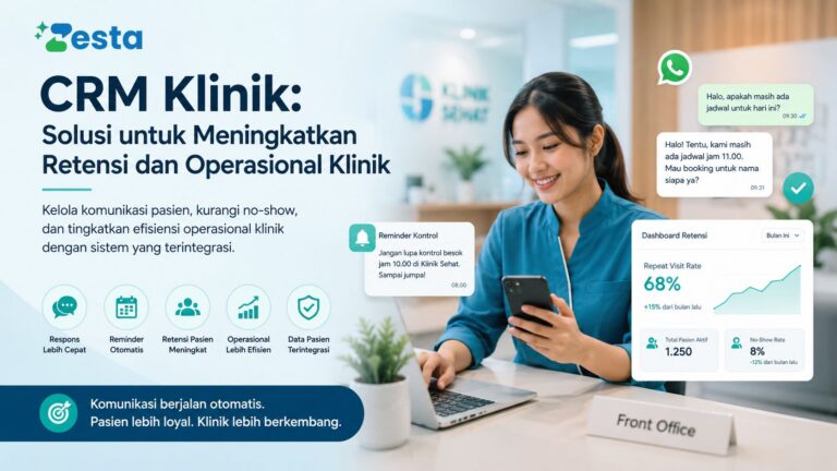 Dashboard CRM klinik Zesta untuk otomatisasi WhatsApp, reminder pasien, dan retensi pasien
