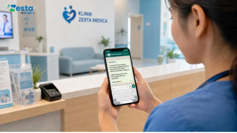 ilustrasi post visit care pasien klinik dengan notifikasi WhatsApp otomatis H+3