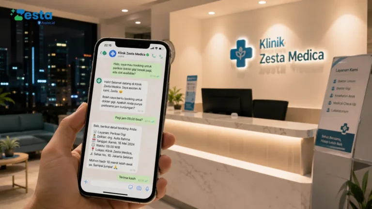 ilustrasi ai resepsionis klinik menangani booking pasien via whatsapp secara otomatis
