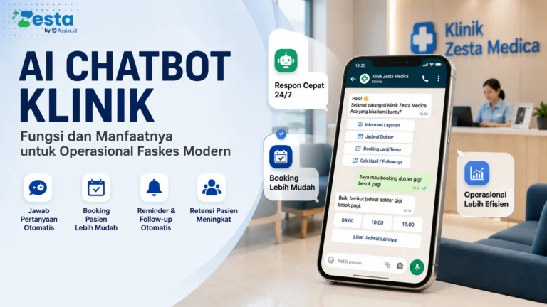 Ilustrasi AI chatbot klinik menjawab pertanyaan pasien melalui WhatsApp secara otomatis