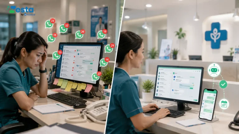 Ilustrasi otomasi WhatsApp klinik dengan AI agent membalas chat pasien secara otomatis