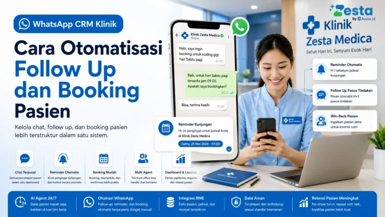 Tampilan dashboard WhatsApp CRM klinik untuk otomasi follow up dan booking pasien