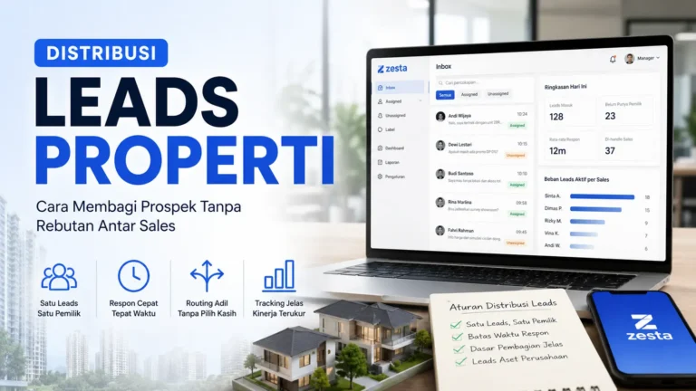 Ilustrasi distribusi leads properti dari satu inbox ke beberapa sales di kantor pemasaran