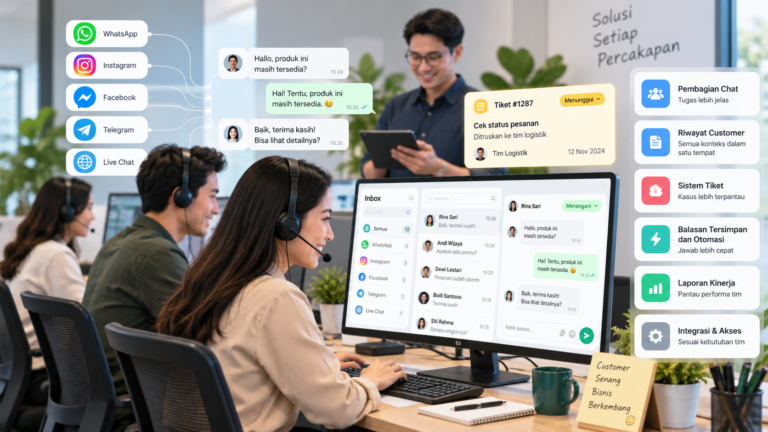 Tim customer service mengelola chat customer melalui aplikasi inbox terpusat