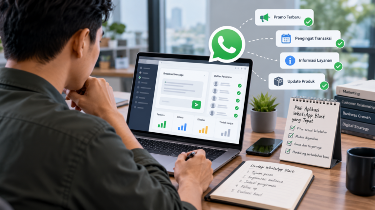 Tim bisnis meninjau aplikasi WhatsApp blast untuk mengelola pesan dan balasan customer