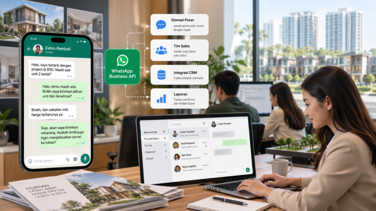 Tim sales developer properti mengelola chat calon pembeli melalui WhatsApp Business API