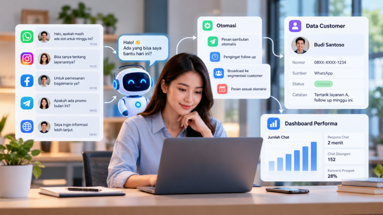 Ilustrasi CRM AI yang menyatukan AI Agent, otomasi WhatsApp, dan data customer dalam satu alur kerja