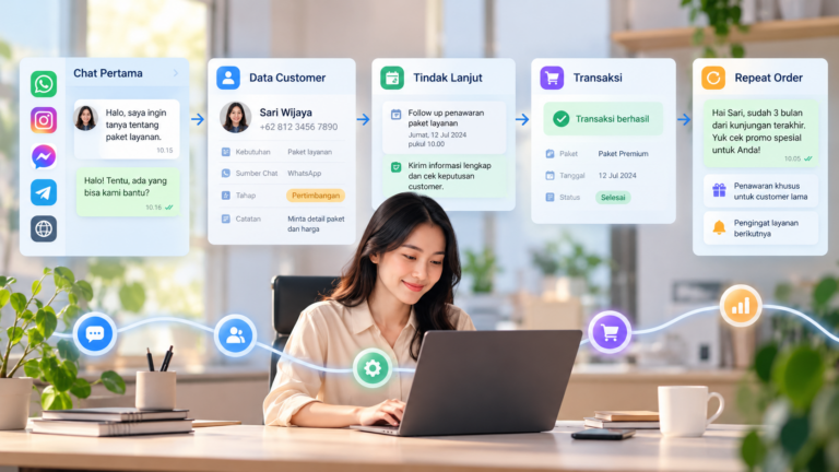Ilustrasi cara kerja CRM dari chat pertama, pencatatan data customer, tindak lanjut, hingga repeat order