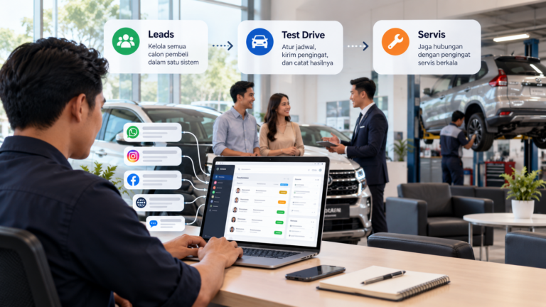 CRM dealer mobil untuk mengelola leads, jadwal test drive, dan servis berkala