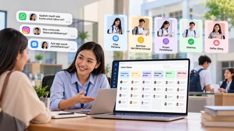 CRM pendidikan untuk mengelola chat calon siswa, pendaftaran, dan daftar ulang di sekolah dan kampus.